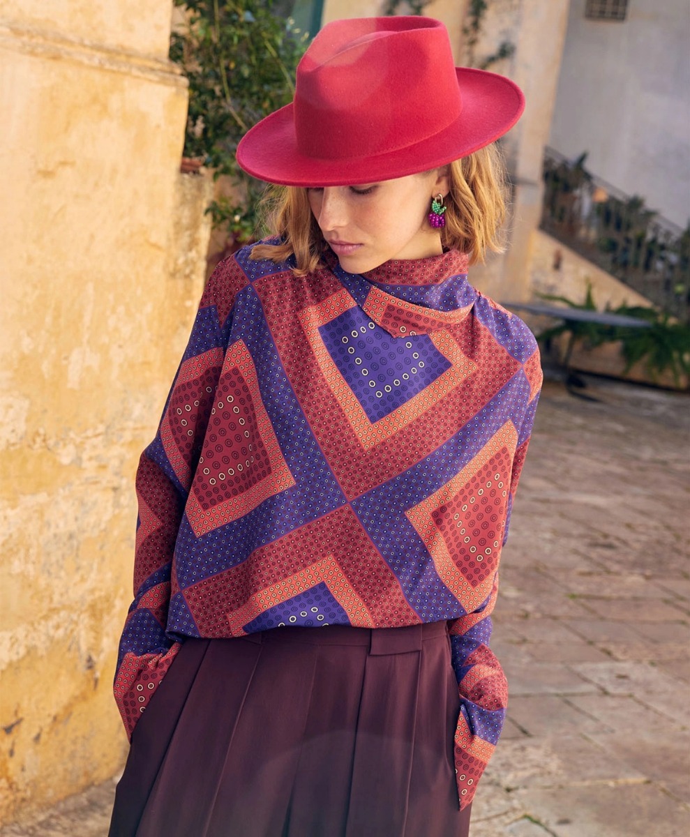 JEREMY BLOUSE IN PRINTED CREPE DE CHINE  - FW23 - RED/PURPLE