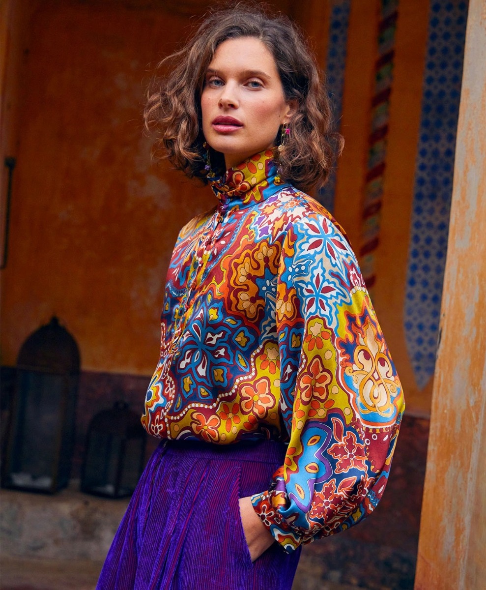 BLUSA THIERRY IN RASO STRETCH STAMPATO - AI 23 - MARRONE/ARANCIONE