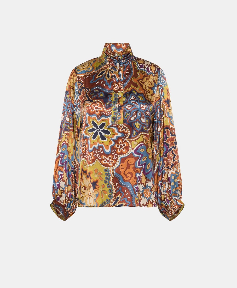 THIERRY BLOUSE IN PRINTED STRETCH SATIN - FW23 - BROWN/ORANGE